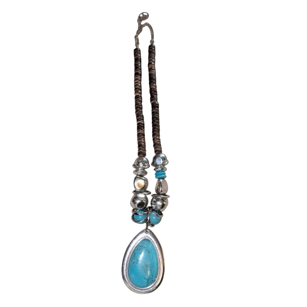 Vintage Erika Lyons Boho Teardrop Turquoise Color & Silver Tone Necklace